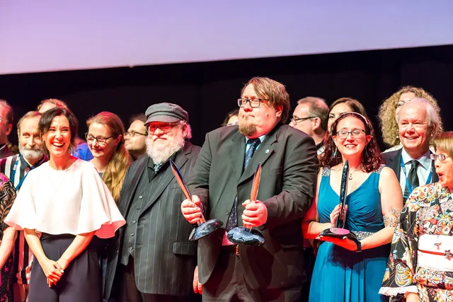 At the stage at the Hugo Award Ceremony, at Worldcon 75 in Helsinki 2017. Verify awards trivia questions against official records