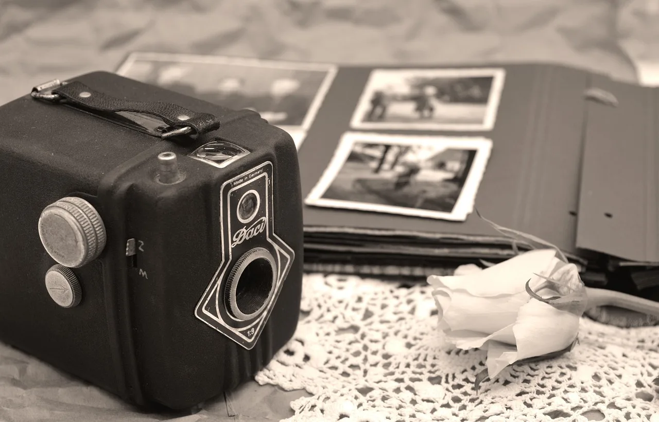 camera, photo album, movie, memories, pictures, photography, brand, daci, nostalgia, nostalgic, antiquity, analog photography, old-fashioned, retro, old, photo camera, retro look, analog, box camera, old pictures, old photos, photo book. Childhood photo games picture quiz: photo-handling workflow